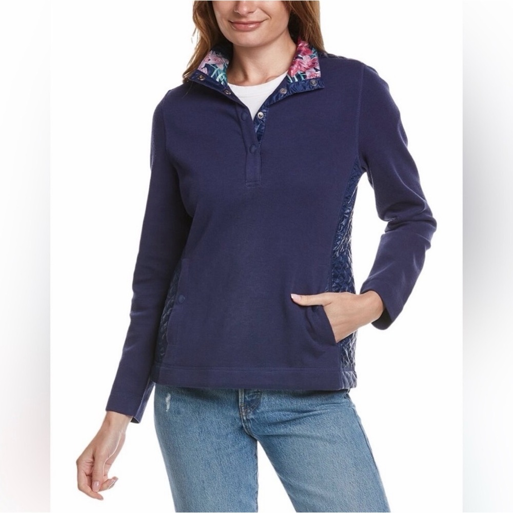 Tommy Bahama Womens Large Quilted Pullover Half Snap Sweater Floral Mock Collar